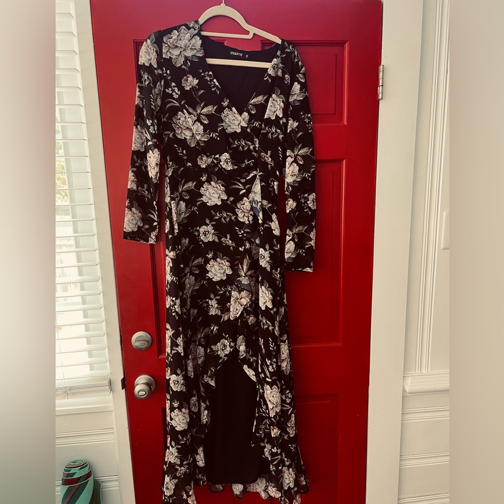 High low faux wrap dress, pretty black floral print size M